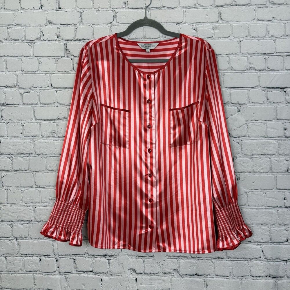 The J. Peterman Company Satin Shirt Long Sleeve Red Pink Stripe Women Size L